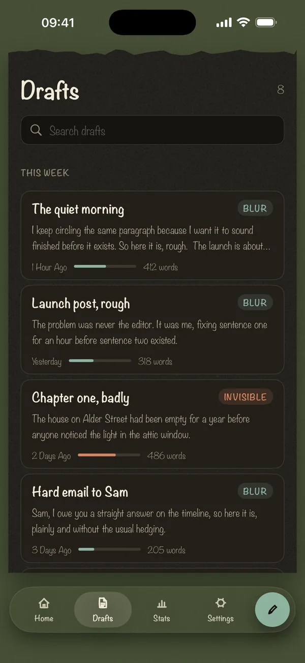 Blind Draft drafts library with recent drafts